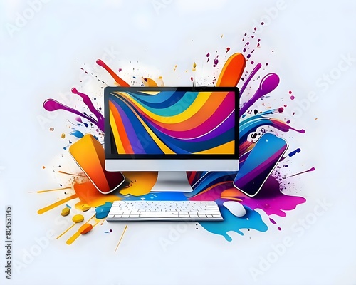 Abstract lifestyle banner design with computer and colorful splashing shapes