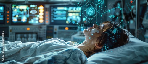 The image shows a patient in a hospital bed with a futuristic medical scanner photo