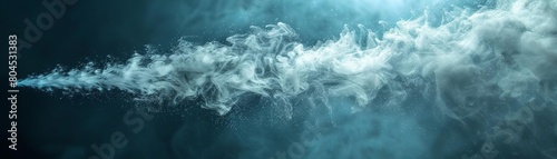 Highdetail image of a nasal spray actuation, capturing the mist as it disperses, set against a soothing, cooltoned background photo