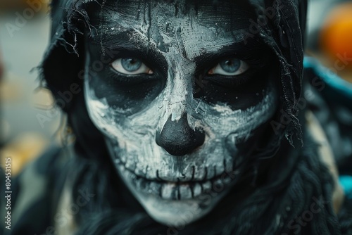 Ominous and highly detailed skull makeup covers the face of an individual in a chilling portrait