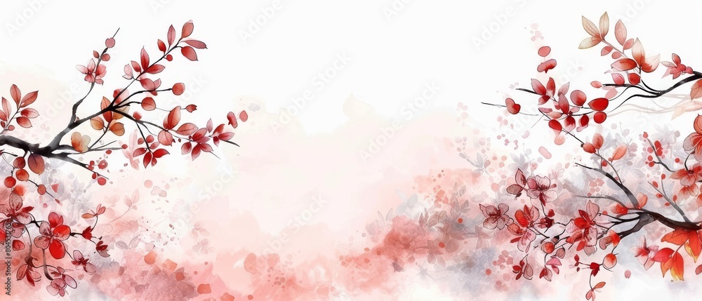 Decorative branch with leaves and cherry blossom flowers in vintage style. Natural landscape background with watercolor texture modern.