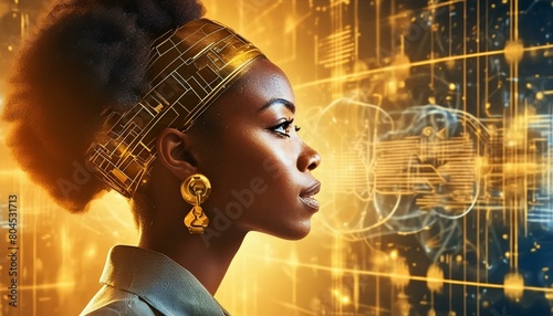 AI cyber security threat illustration, black african american female IT specialist analysingk