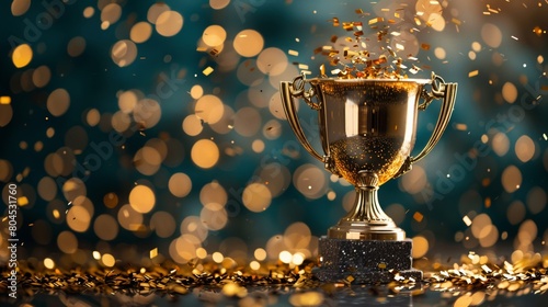 The image shows a gold trophy with a shiny surface. The trophy is sitting on a dark surface with a green background. There are also some shiny particles floating in the background.