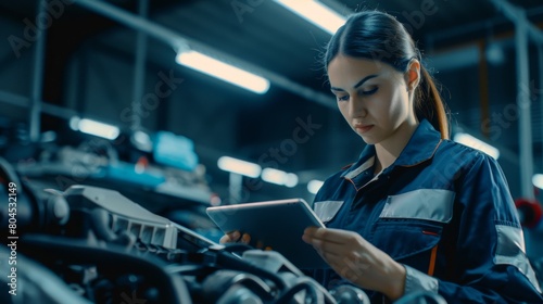 Professional mechanic uses a tablet computer with Augmented Reality software to diagnose a car's V6 engine. Premium car service.