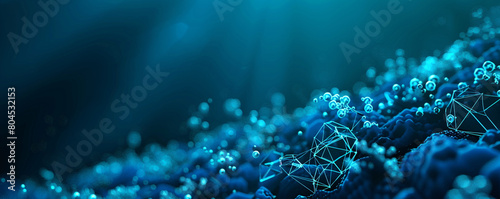 Deep ocean blue with high-tech molecular polygonal mesh complex formations of polygons, glowing against a dark sea-themed backdrop. photo