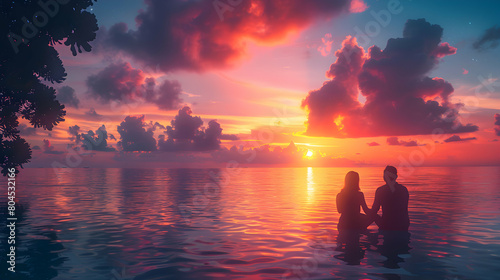 Secluded Sunset Haven: A Couple's Tranquil Escape in Vibrant Colors   Adobe Stock Photo Concept © Gohgah