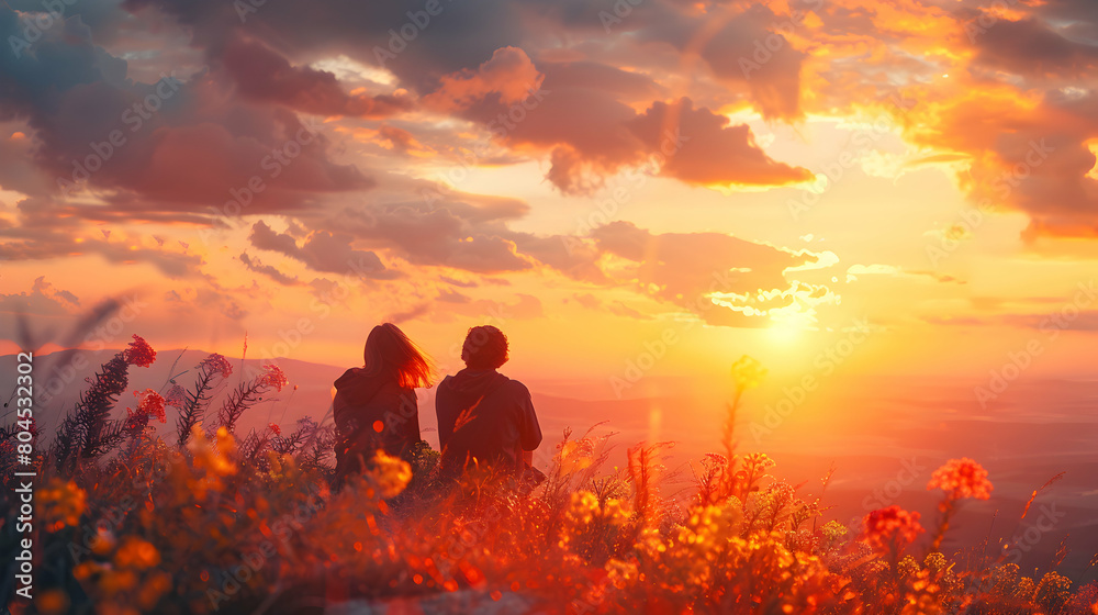 Romantic Interlude: Couple Enjoying Breathtaking Sunset Vista in Photo Real Concept