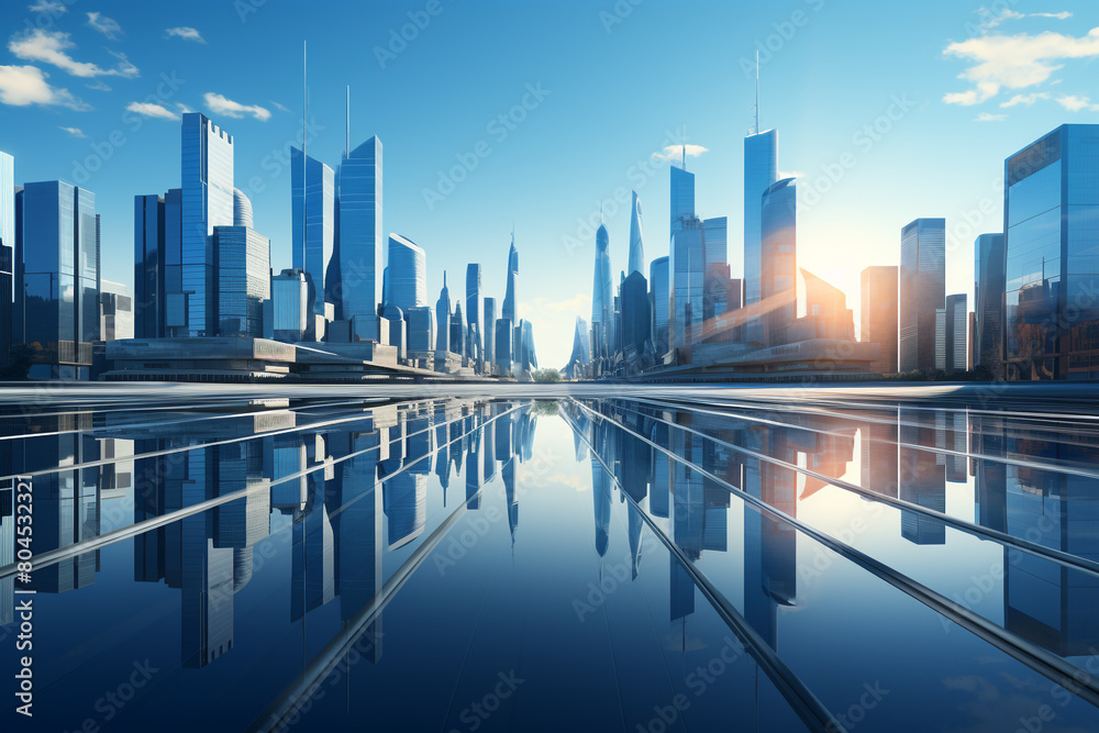 Modern skyscrapers of a smart city, futuristic financial district, graphic perspective of buildings and reflections - Architectural blue background for corporate and business brochure template