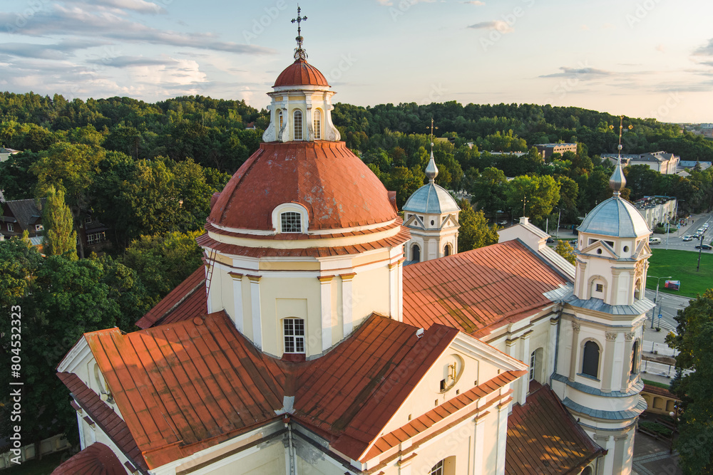 Aerial view of the Church of St. Peter and St. Paul, located in Antakalnis district in Vilnius. Beautiful summer day in the capital of Lithuania.