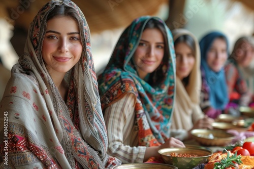 Joyful Nowruz Celebration  Young Women Sharing Traditional Meal in Cultural Attire