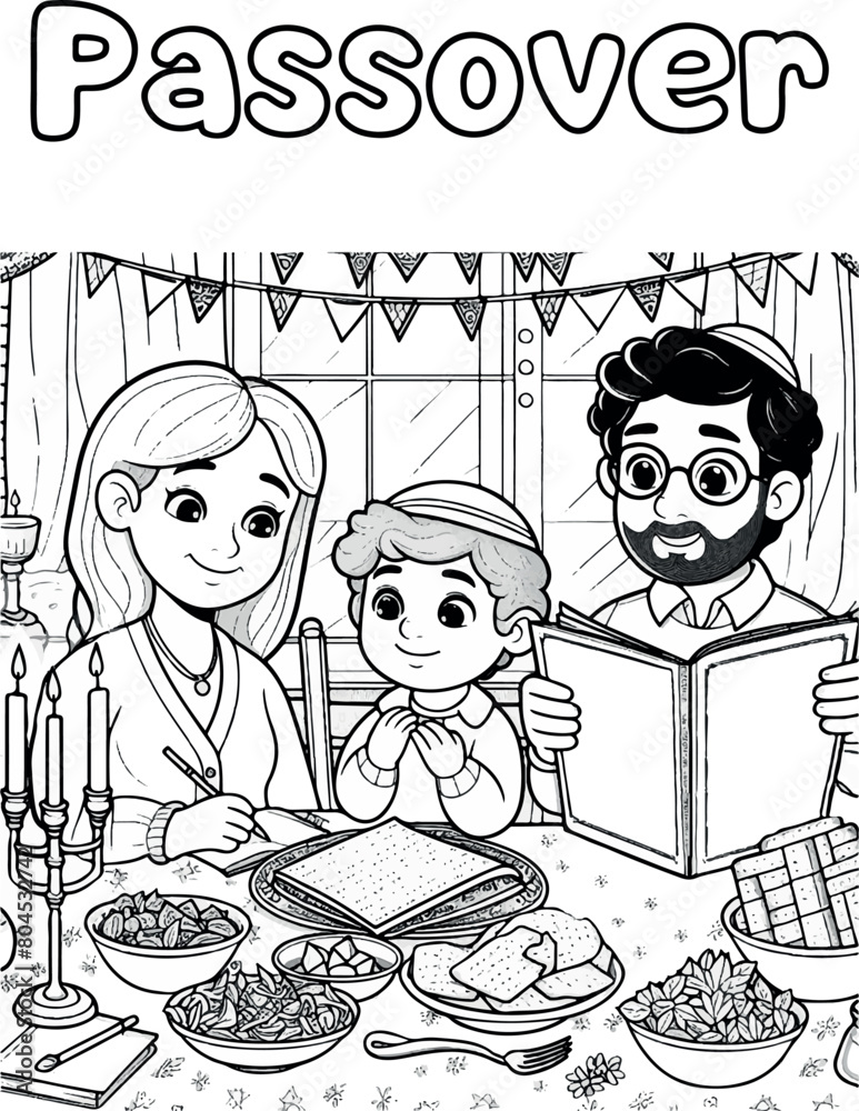 Creating a Passover coloring page. Seder, family meal Black and white