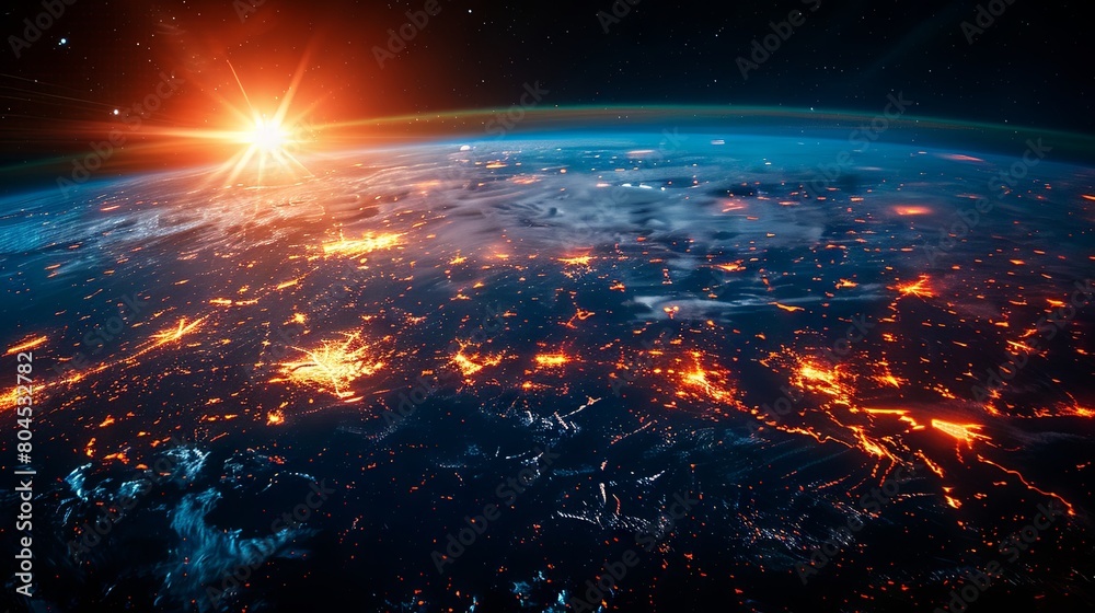 Stunning Digital Visualization of Earth from Space with Vibrant Sun and Network Connections