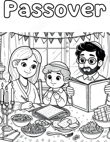 Passover coloring page. Seder, family meal Black and white linear vector illustration. Coloring pages for children.