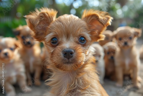 A cute brown puppy with large playful ears sits in focus with its littermates in the background