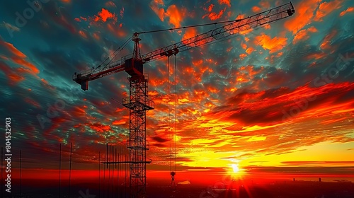 Majestic Sunset Over Construction Site with Towering Cranes and Dramatic Sky