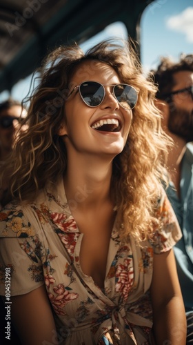 Joyful Young Woman in Sunglasses Laughing on a Sunny Day, Casual Floral Dress © AS Photo Family