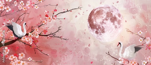 Japanese background with moon, sun and cherry blossoms in a vintage style. Chinese elements in vintage style including clouds and branches. Art abstract banner design.