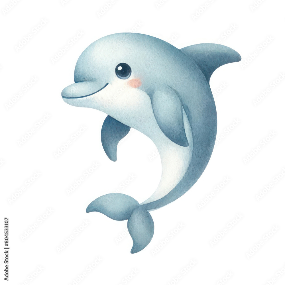 Fototapeta premium A cute cartoon dolphin, drawn in a simple style with light blue and grey colors.