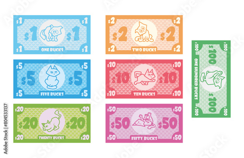 A set of banknotes for children's games and board games. Funny banknotes with wonderful cats. Vector materials