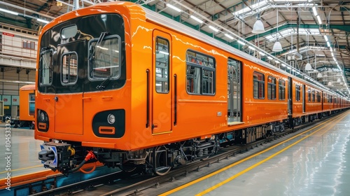 Inside of the rail car assembly plant. Industrial workshop for the production of European high speed trains. Train assembly plant. Train manufacturer