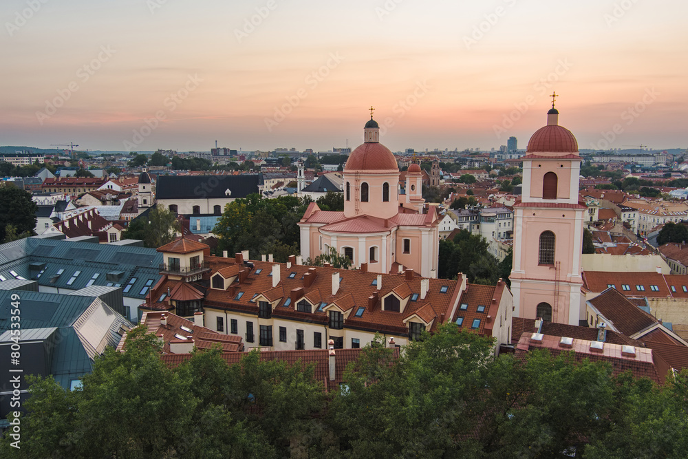 Aerial view of the Orthodox Church of the Holy Spirit in Vilnius Old Town, serving as headquarters of the Russian Orthodox Diocese of Lithuania.