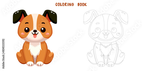 Coloring book of cute and smile dog, doodle pet friend. Coloring page of funny adorable dog or fluffy puppy cartoon character design. Pet companion friendship. Flat vector illustration. © Yuliia Sydorova