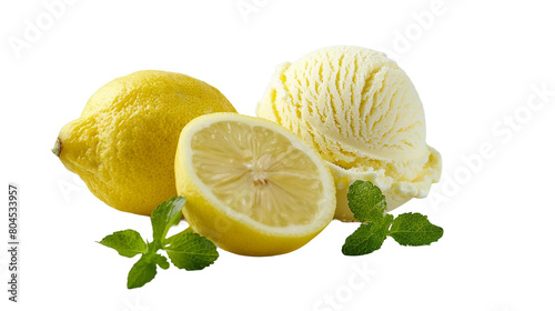 Fresh lemon sherbet ice cream on transparent background, a cool and refreshing summer treat, perfect for indulgence and culinary delight in vibrant yellow hue.