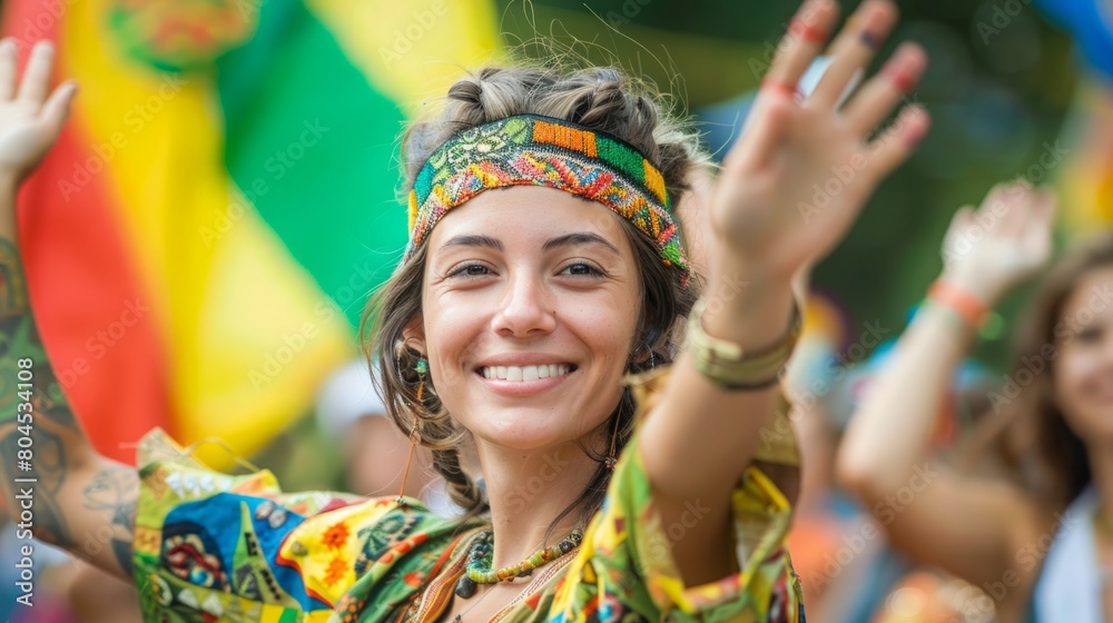 A woman with a colorful headband raises her hands in the air in a vibrant gesture. A woman with a colorful headband raises her hands in the air in a vibrant gesture.