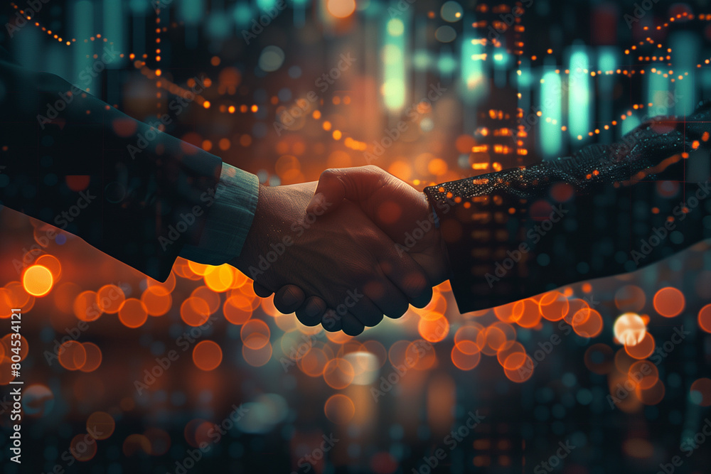 A handshake between two business people with stock market charts in the background, symbolizing collaboration and success. A handshake between two business people with stock market charts in the background, symbolizing collaboration and success.