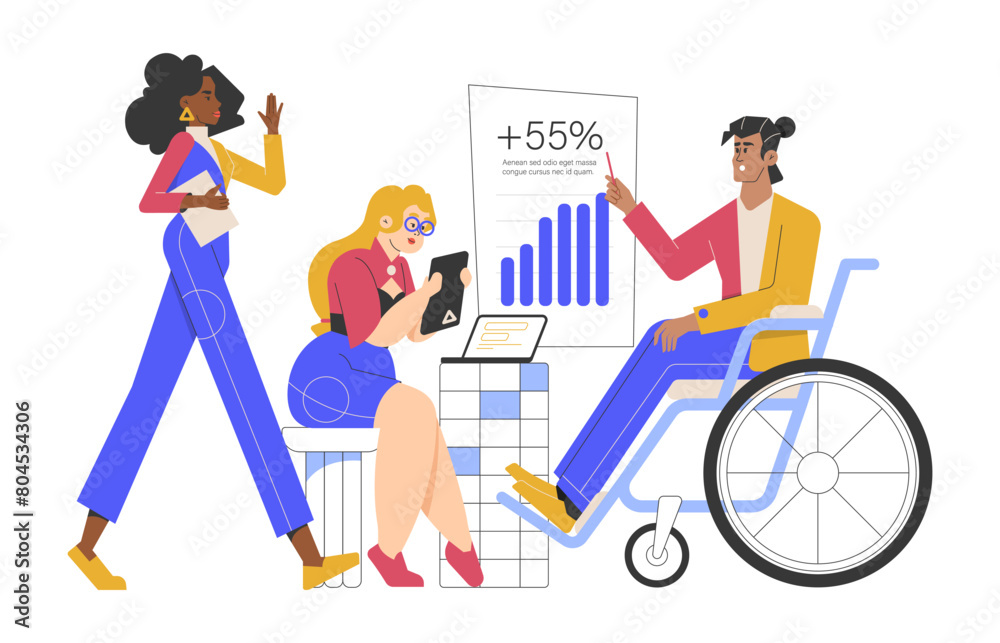 Startup team working together. Colleagues analyze the financial report, forecast profits and sales. Meeting, presentation at a startup. Various characters. Vector flat illustration