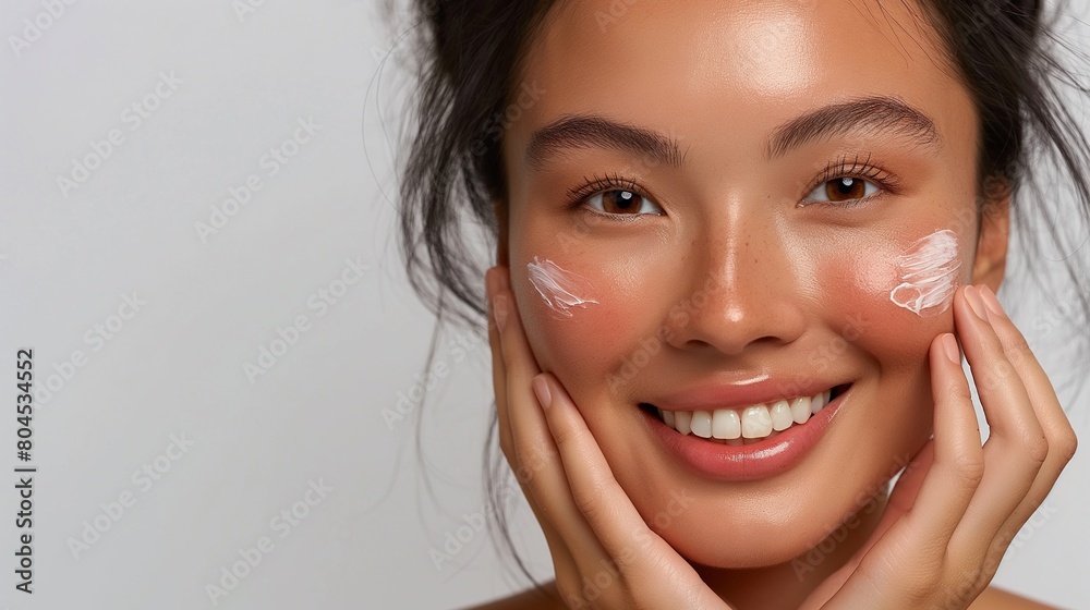 An appealing Asian woman with luminous skin, wearing a smile while smoothly spreading cream on her face. She boasts dark hair and chooses not to wear any makeup. The setting features a white backgroun An appealing Asian woman with luminous skin, wearing a smile while smoothly spreading cream on her face. She boasts dark hair and chooses not to wear any makeup. The setting features a white backgroun