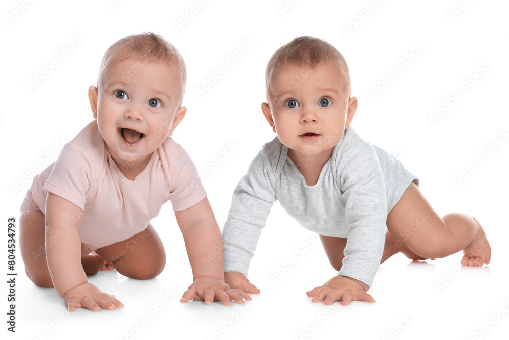 Portrait of cute twin babies on white background Portrait of cute twin babies on white background