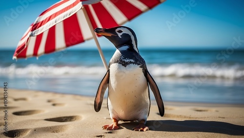 Cute penguin with umbrella on the beach in sunny day.