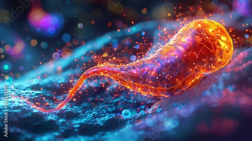 Pancreas in a highsugar digital environment, dynamic angle, bright colors, focusing on diabetes risk photo