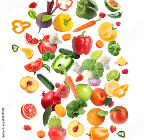 Fototapeta Naklejka Na Ścianę i Meble -  Different fresh fruits and vegetables in air on white background