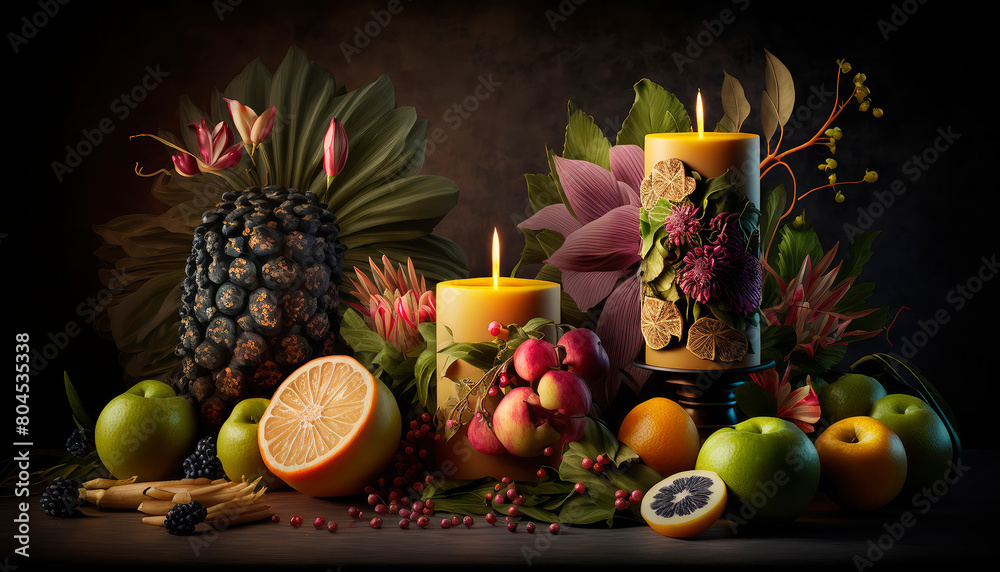 scented candles and fruits. Generative AI, scented candles and fruits. Generative AI,
