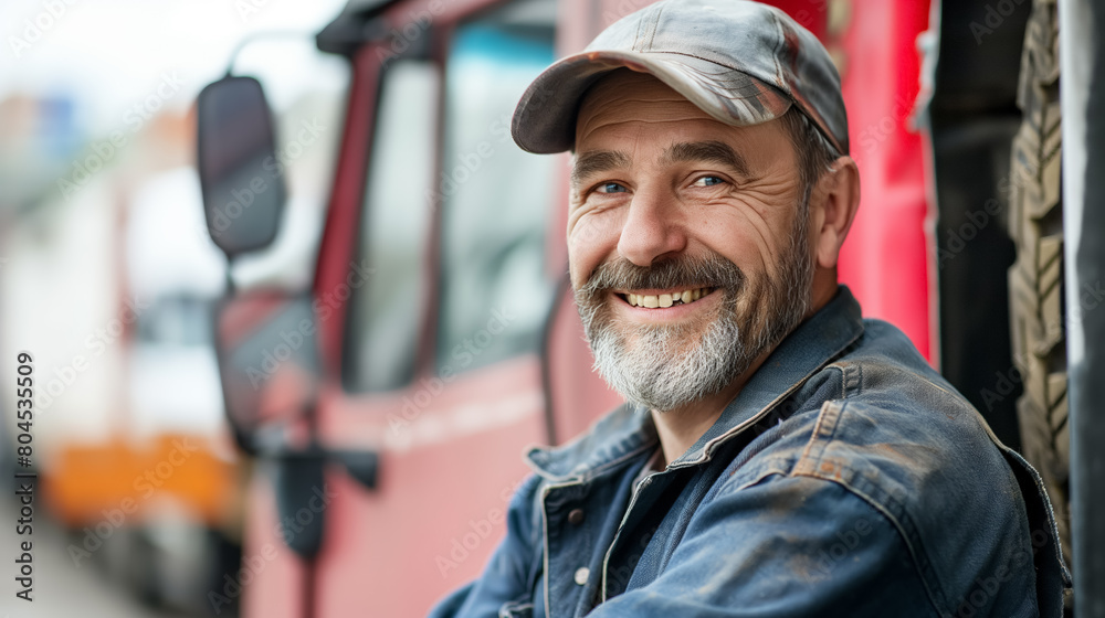 Cheerful middle-aged truck driver with a beard, smiling broadly as he leans against his truck, exuding a friendly vibe. Cheerful middle-aged truck driver with a beard, smiling broadly as he leans against his truck, exuding a friendly vibe.