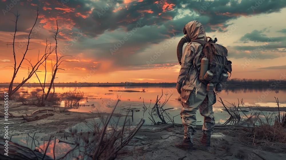 A man in a chemical protective suit with a backpack against the backdrop of a dead lake