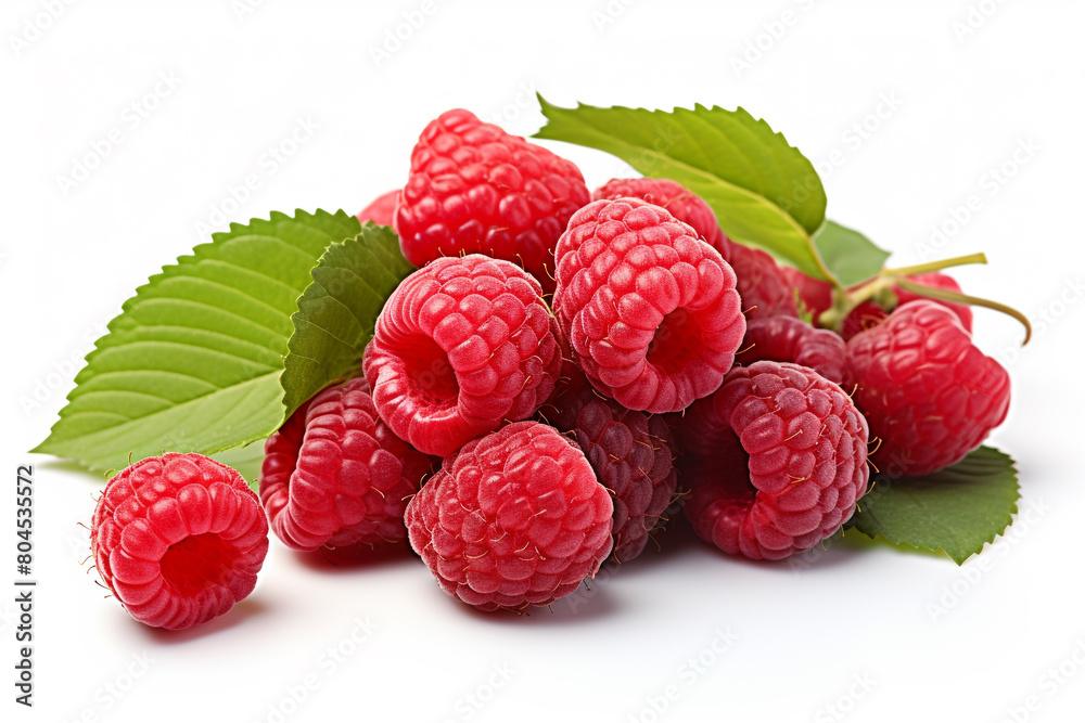 A cluster of ripe raspberries nestled in green foliage on a sunny day, isolated on solid white background. A cluster of ripe raspberries nestled in green foliage on a sunny day, isolated on solid white background.