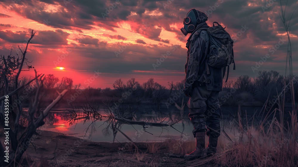 A man in a chemical protective suit with a backpack against the backdrop of a dead lake A man in a chemical protective suit with a backpack against the backdrop of a dead lake