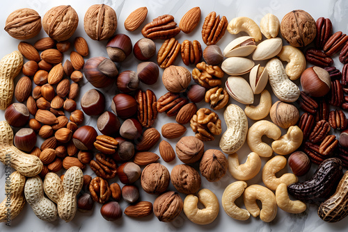 Various nuts are displayed on the table as natural food ingredients