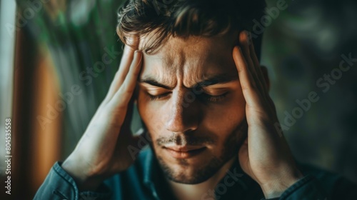A young man holding his head in his hands, showing signs of stress or a migraine, with a blurred background.