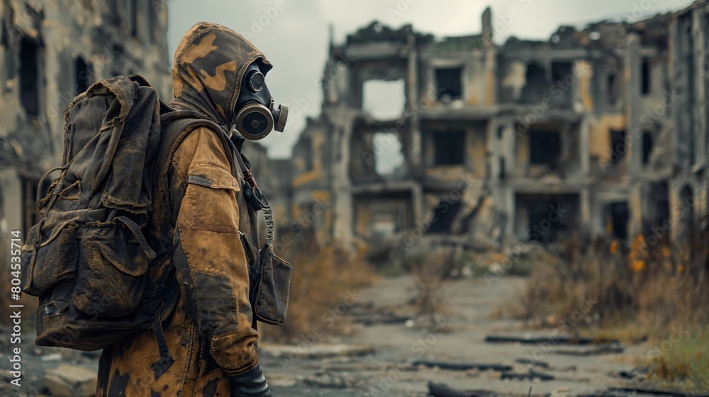 A man in a chemical protective suit with a backpack against the background of a destroyed city A man in a chemical protective suit with a backpack against the background of a destroyed city