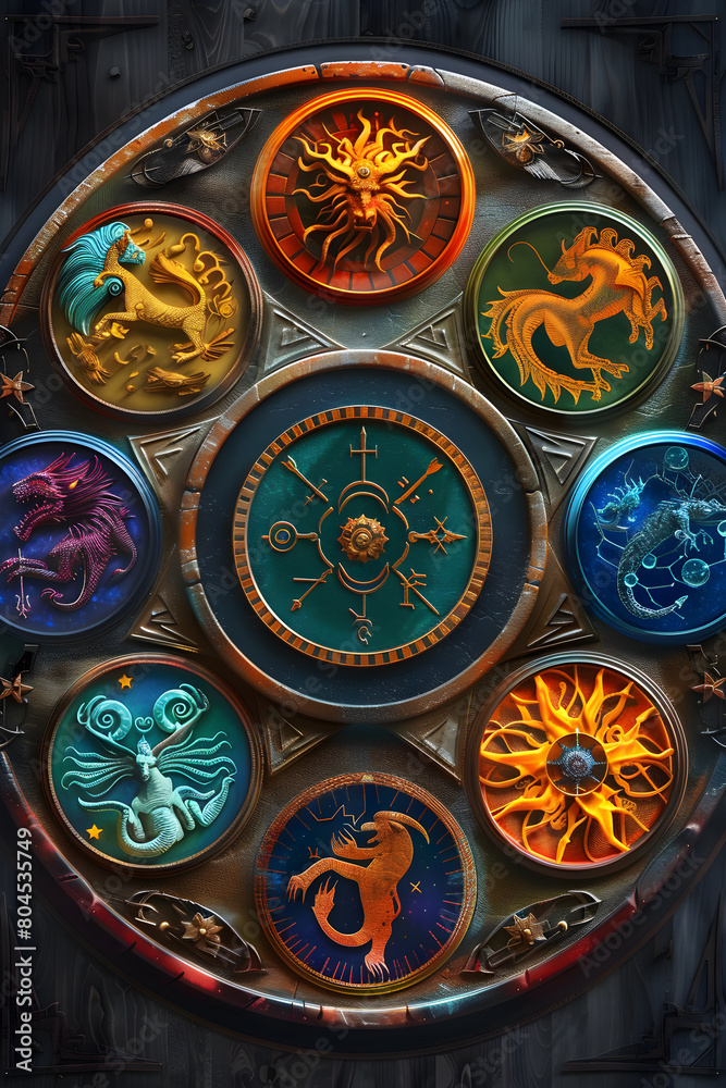 Artistic Representation of the Twelve Astrological Zodiac Signs in Circular Arrangement