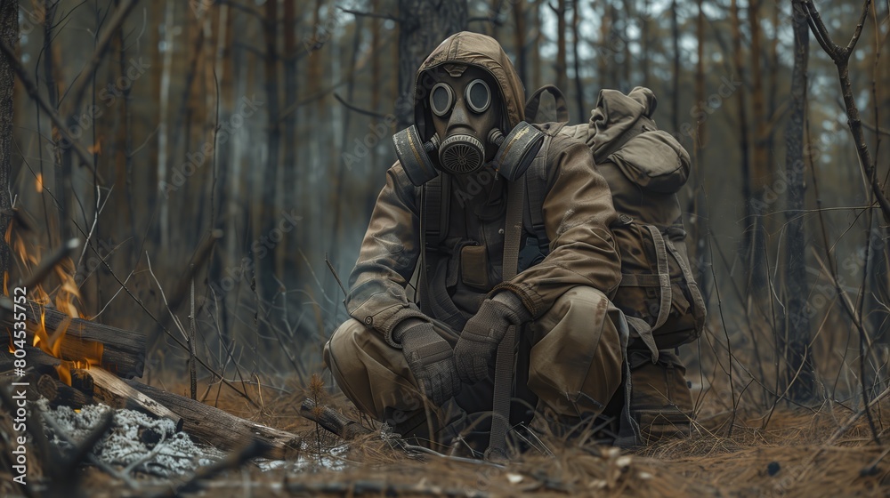 Obraz premium Human sits in a chemical protective suit with a backpack on scaffolding near a fire
