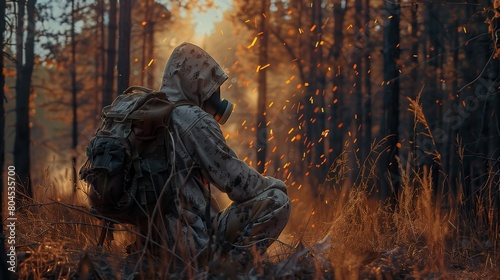 Human sits in a chemical protective suit with a backpack on scaffolding near a fire