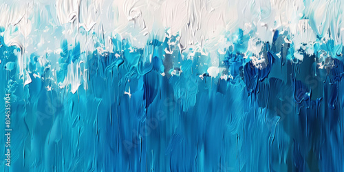 Fondo abstracto pintado con formas geométricas de trazos verticales en colores azul y blanco que se fusionan en la parte superior

 photo