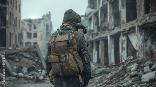 A man in a chemical protective suit with a backpack against the background of a destroyed city