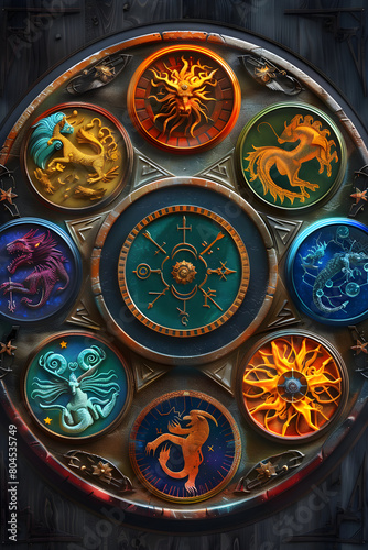 Artistic Representation of the Twelve Astrological Zodiac Signs in Circular Arrangement
