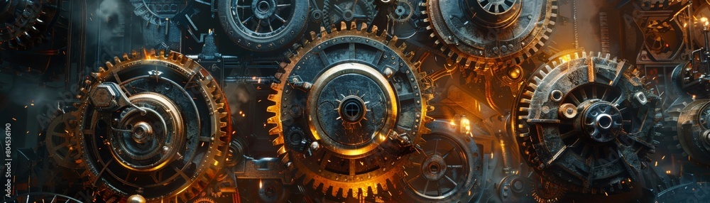 The image shows a close-up of a complex machine with many gears and cogs. The machine is made of metal and has a steampunk aesthetic.